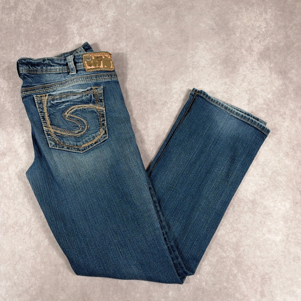 Silver Jeans‎ Aiko Mid Rise Bootcut Jeans Distressed Blue Denim Size 31x31.5